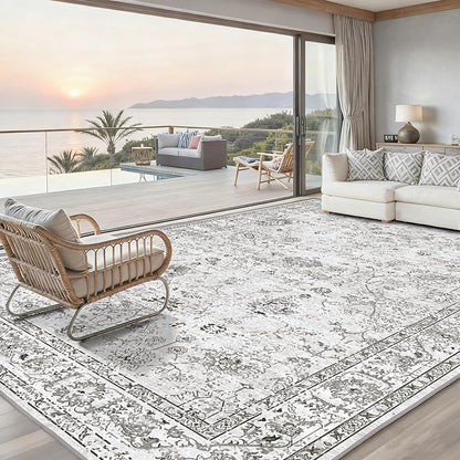 Grey White Area Rugs 10x14 for Living Room, Non Slip Machine Washable Floral Rugs, Low Pile Lightweight Large Rug for Bedroom, Dining Room, Home Office