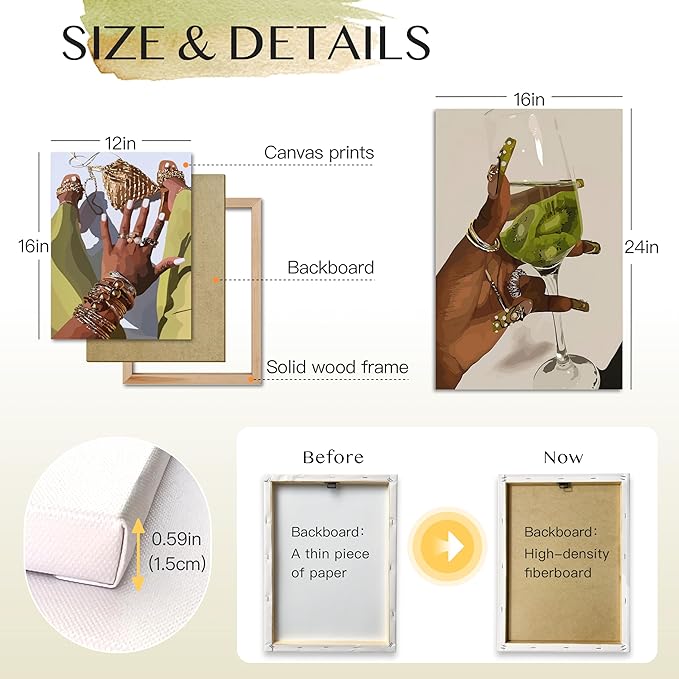 Hianan Black Girl Canvas Wall Art Set of 3, Framed African American Woman Wall Decor, Fashion Black Women Poster Prints, Abstract Black Girl Aesthetic Pictures for Living Room Bedroom 16"x24"
