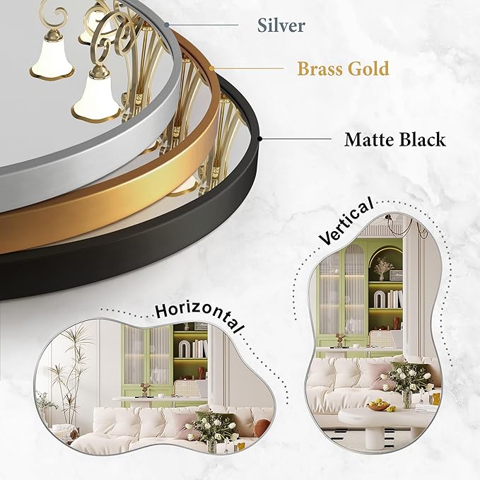 Dorlicecass Bathroom Mirror - Silver Irregular Wall Mirrors Decorative 26"x46" Asymmetrical Tempered Glass Aviation Aluminum Alloy Frame for Vanity, Bedroom, Living Room, Cloakroom, Entryway