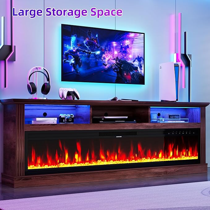 58" Fireplace TV Stand, TV Stand with 52" Fireplace, LED Light Entertainment Center with Storage Cabinets, Modern Media TV Console TV Table for Living Room, Brown