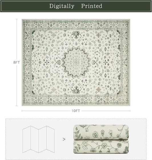 Srugn Washable Rugs 8x10 Area Rugs for Living Room,Rugs for Bedroom,Large Carpets,Ultra Soft Faux Wool Retro Dining Room Rug,Non Slip&Non-Shedding Low Pile Vintage Print Rug for Home Office-Green