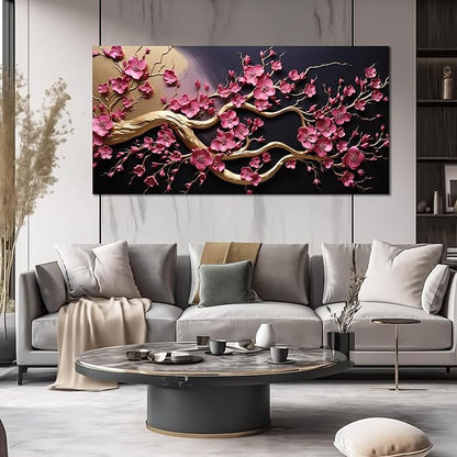 Ouzzlie Pink Wall Art for Living Room Large Plum Blossom Tree Picture Wall Decor Flower Canvas Art Print Black Artwork for Bedroom Office 29" x 59"