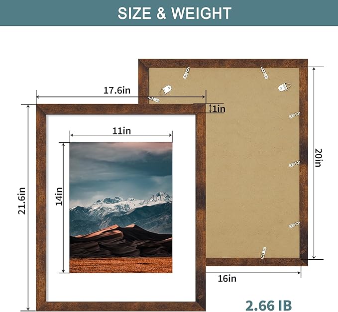 iRahmen 16x20 Poster Frame with 11x14 Mat - Plexiglass Wooden Picture Frames for Photo Wall Gallery Mounting (Dark Brown, Set of 2)