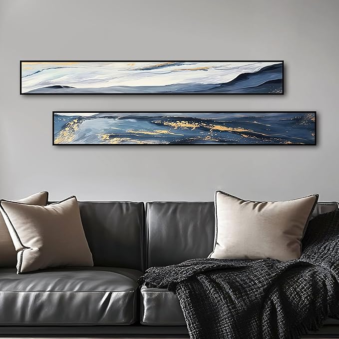 Large Framed Long Narrow Vertical Abstract Wall Art Set of 2, Premium Crystal Porcelain Canvas Prints, Navy Blue Gold Modern Design - Perfect for Entryway, Hallway, Living Room, Bedroom - 63x10 inch