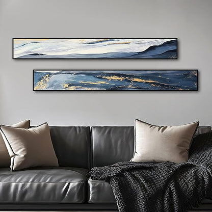 Large Framed Long Narrow Vertical Abstract Wall Art Set of 2, Premium Crystal Porcelain Canvas Prints, Navy Blue Gold Modern Design - Perfect for Entryway, Hallway, Living Room, Bedroom - 63x10 inch