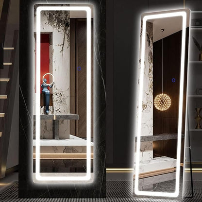 Hasipu Full Length Mirror with Lights, 56" x 16" LED Floor, Full Body Dressing Standing, Hanging Mounted Mirror, Round White