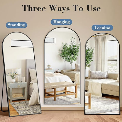 DUMOS 65"x24" Arched Full Length Mirror with Stand, Floor Standing Aluminum Frame, Shatter-Proof Nano Glass for Bedroom, Living Room, Cloakroom – Modern Simple Home Decor,Hanging or Leaning,Black