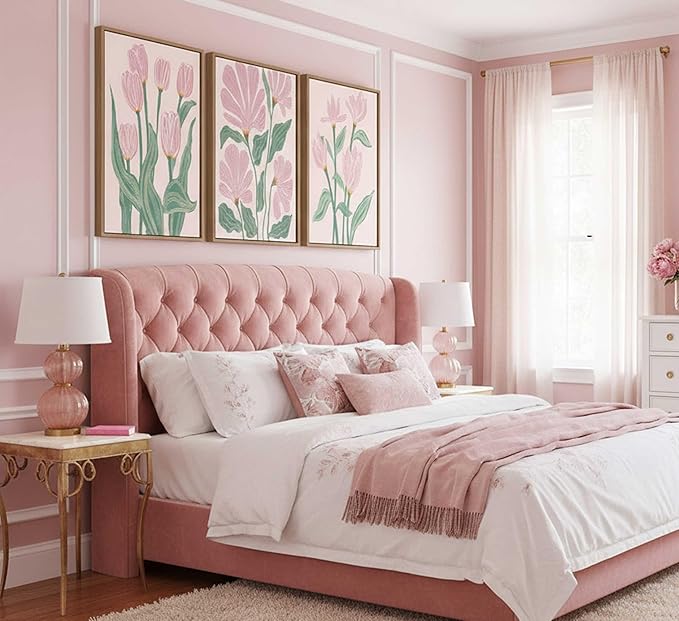 Framed 3 Pcs Pink Tulips Flowers Canvas Wall Art Boho Pink and Green Abstract Floral Botanical Paintings Pictures Wall Decor Poster Print Artwork for Living Room Bedroom Home Decoration