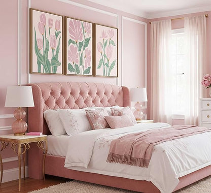 Framed 3 Pcs Pink Tulips Flowers Canvas Wall Art Boho Pink and Green Abstract Floral Botanical Paintings Pictures Wall Decor Poster Print Artwork for Living Room Bedroom Home Decoration