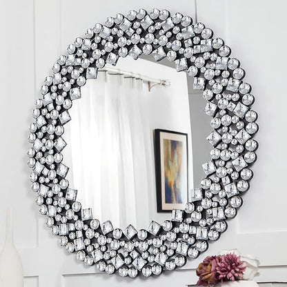SHYFOY 35.5" Oversize Jeweled Ornate Wall Mirrors Decorative Crystal Accent Round Mirrors for Wall Home Decor, Modern Crushed Diamond Gemstone Mirror for Living Room
