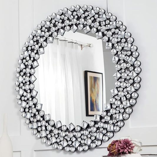 SHYFOY 35.5" Oversize Jeweled Ornate Wall Mirrors Decorative Crystal Accent Round Mirrors for Wall Home Decor, Modern Crushed Diamond Gemstone Mirror for Living Room