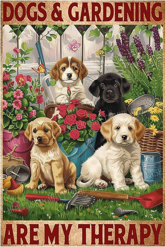 Metal Dogs and Gardening Are My Therapy Vintage Retro Aluminum Tin Sign for Garden Kitchen Office Home Bar Cafe Decor 8x12 Inch