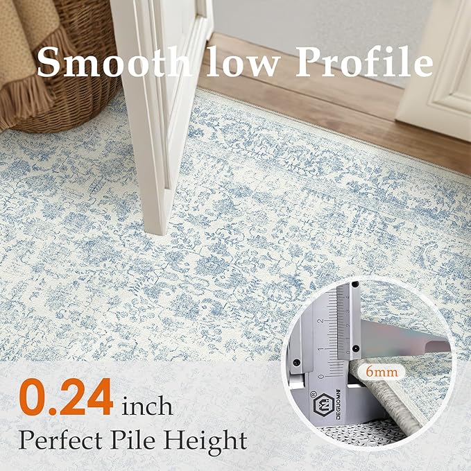 PureCozy Blue Runner Rug 2x5 Hallway Machine Washable Kitchen Vintage Distressed Non Slip Long Carpet Indoor Retro Floral Bedroom Accent Throw Rug for Bathroom Office Laundry Dining Room