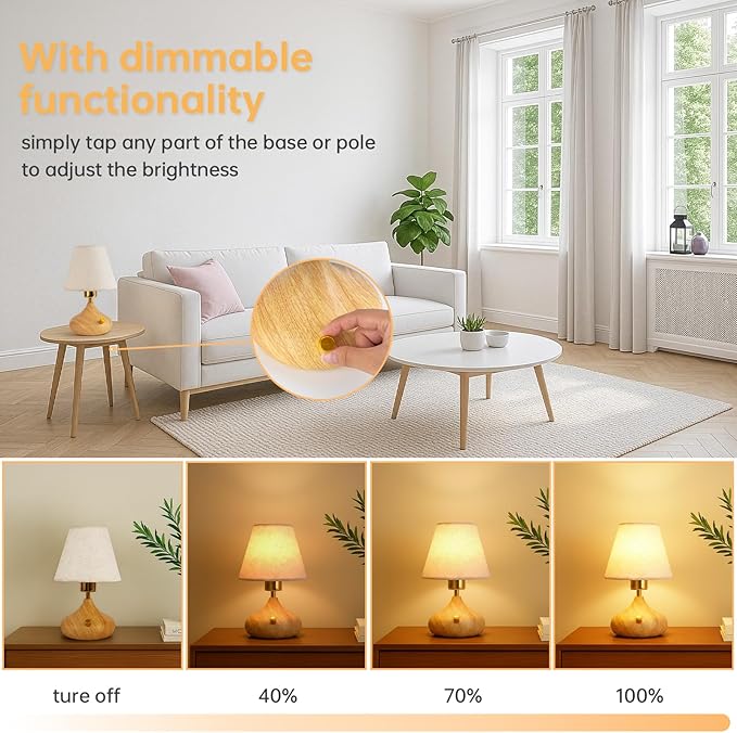 Nightstand Table Lamp with Knob Switch,Seamless Dimming, Wood Base & Fabric Shade, E26 Bulb Included, Compact Bedside Lamp for Bedroom, Living Room, Office