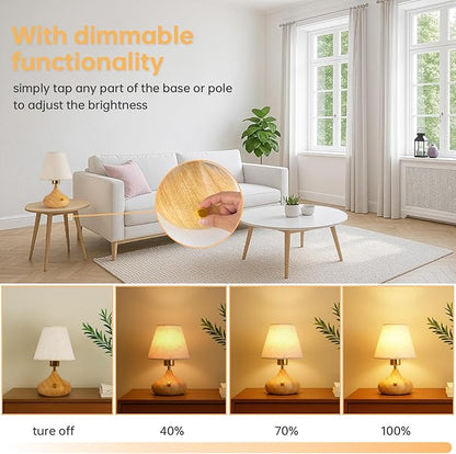 Nightstand Table Lamp with Knob Switch,Seamless Dimming, Wood Base & Fabric Shade, E26 Bulb Included, Compact Bedside Lamp for Bedroom, Living Room, Office