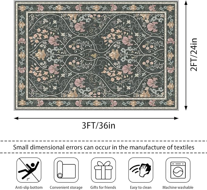 Entryway Rug 2x3 Washable Vintage Floral Rug Non Slip Low Pile Small Rugs, Floral Front Door Rugs for Entrance Kitchen Bedroom Laundry Bathroom Dark Grey