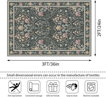 Entryway Rug 2x3 Washable Vintage Floral Rug Non Slip Low Pile Small Rugs, Floral Front Door Rugs for Entrance Kitchen Bedroom Laundry Bathroom Dark Grey