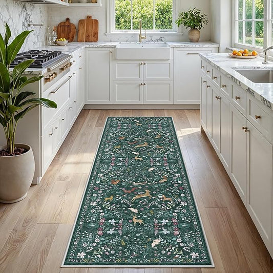 Runner Rug Washable Runners Kitchen Rugs Non Slip Neutral Floral Carpet Low Pile for Indoor Hallways Entryway Living Room Bedroom Laundry Soft Mat 2'6''x8' Dark Green