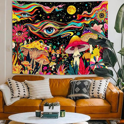 Leeisysme Colorful Hippie Abstract Tapestry, Fantasy Aesthetic Eye Mushroom Floral Wall Hanging for Bedroom Dorm Living Room Decor, 44x60 inches