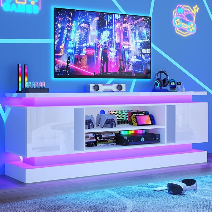 St.Mandyu 71" 2 LED TV Stand for TVs 85 inch,High Gloss Gaming Tall Entertainment Center w/Power Outlet,6000-Colors LED Lights,Modern TV Media Console Table with 2 Cabinets for Living Room,White