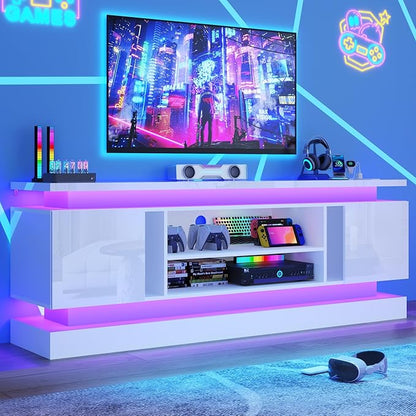 St.Mandyu 71" 2 LED TV Stand for TVs 85 inch,High Gloss Gaming Tall Entertainment Center w/Power Outlet,6000-Colors LED Lights,Modern TV Media Console Table with 2 Cabinets for Living Room,White