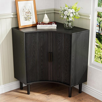 Lxsxlome Fluted Corner Cabinet, Small Corner Floor Cabinet with Sliding Doors and Adjustable Shelves, Modern Wooden Freestanding Narrow Storage Organizer for Small Space,Living Room (Black, 29.5" H)