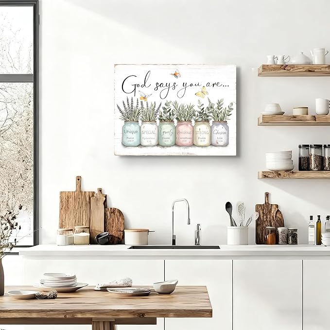 Inspirational Bible Verse Wall Art God Says You Are Sayings Wall Decort Christian Gift Quotes Painting scripture Pictures Print Flowers in Mason Jar Poster for Women Girls Bedroom(24x16 Canvas)