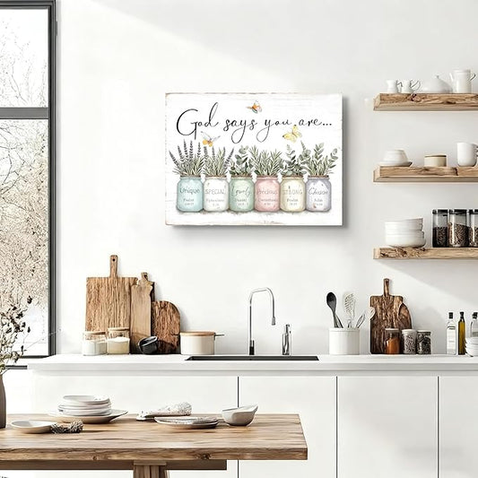 Inspirational Bible Verse Wall Art God Says You Are Sayings Wall Decort Christian Gift Quotes Painting scripture Pictures Print Flowers in Mason Jar Poster for Women Girls Bedroom(24x16 Canvas)
