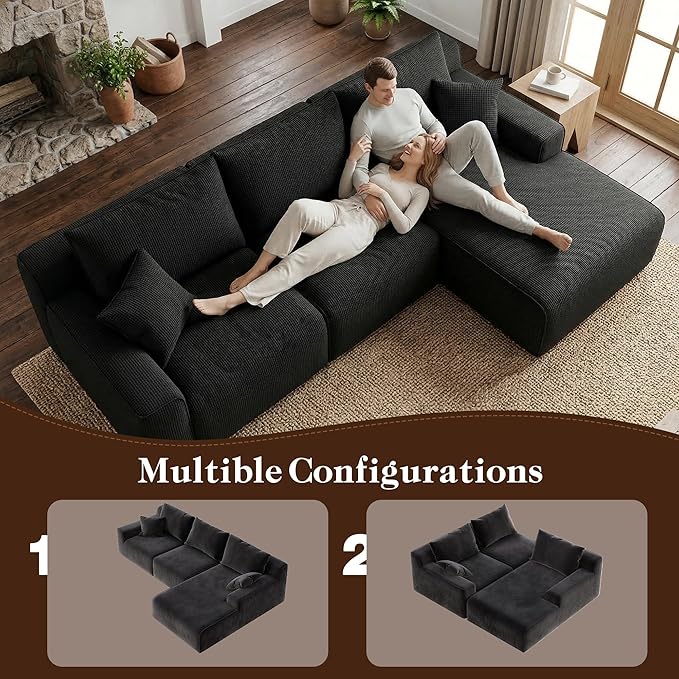 Homkdom L-Shaped Cloud Boneless Couch with Deep Seat, Modular Sectional Sofa with Oversized Chaise, 6 Layouts Combination for Living Room, Apartment, No Assembly (Black Check, Right Facing Chaise)