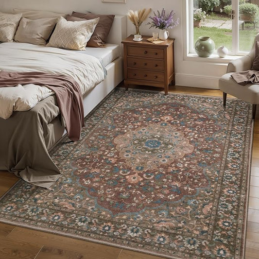 Tangsoo Vintage 3x5 Rug for Bedroom,Non-Slip Soft Low Pile Red Brown Indoor Area Rug,Washable Boho Carpet for Front Porch Living Room Patio Entryway