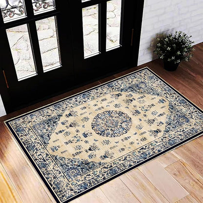 CHAMPLANT Washable Area Rug 2'x3' Door Mat Vintage Distressed Doormat Indoor Entrance Traditional Thin Rug Floral Print Non Slip Carpet for Kitchen Bathroom Bedroom Living Room