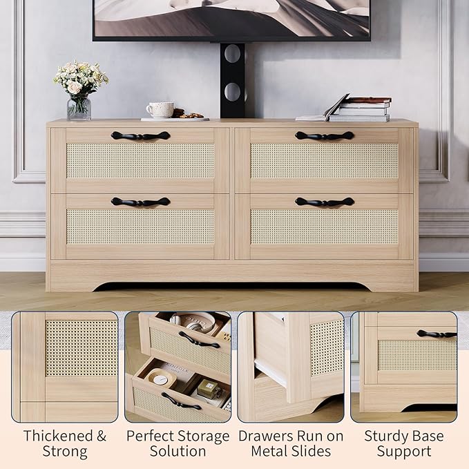 GarveeHome 4 Drawer Dresser TV Stand with Mount, XXX Inch Rattan Entertainment Center for TVs Up to 70 Inch, Farmhouse Wooden Media Console for Living Room, Bedroom, Natural