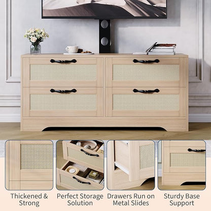 GarveeHome 4 Drawer Dresser TV Stand with Mount, XXX Inch Rattan Entertainment Center for TVs Up to 70 Inch, Farmhouse Wooden Media Console for Living Room, Bedroom, Natural