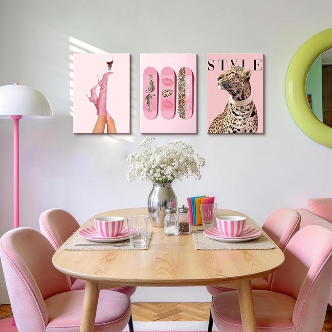WENGTIAO 3Pcs Pink Leopard Canvas Wall Art Fashion Cheetah Paintings Prints Lucky Skateboard Pictures Boots Martini Posters Decor Coquette Preppy Aesthetic Artwork for Living Room Bedroom 12x16x3 inch