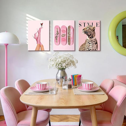 WENGTIAO 3Pcs Pink Leopard Canvas Wall Art Fashion Cheetah Paintings Prints Lucky Skateboard Pictures Boots Martini Posters Decor Coquette Preppy Aesthetic Artwork for Living Room Bedroom 12x16x3 inch