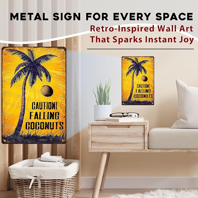 Coconuts Vintage Sign Caution! Falling Coconuts Metal Tin Sign for Lounge Welcome Pool Hot Tub Happy Hour Island Décor 8x12inch