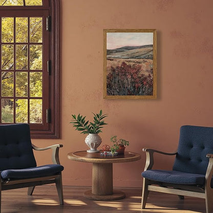 JLTULT Framed Vintage Landscape Canvas Wall Art, Maroon Flower Scenery Paintings Wall Decor, Maroon Dark Wildflower Picture Art Prints for Living Room Bedroom Office Decoration 16x24 inch Easy to Hang