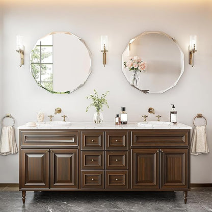 30 Inch Large Faceted Round Wall Mirror, Diamond-Beveled Circle Bathroom Mirror with Solid Backing, Big Sparkle Decor Mirror for Living Room, Fireplace & Master Vanity