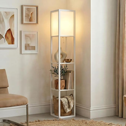 Brightech Maxwell - Modern Shelf Floor Lamp with Lamp Shade & Warm White LED Bulb, Corner Display Floor Lamp with Shelves for Living Room, Bedroom, Nightstand Office, Home Decor Storage - White