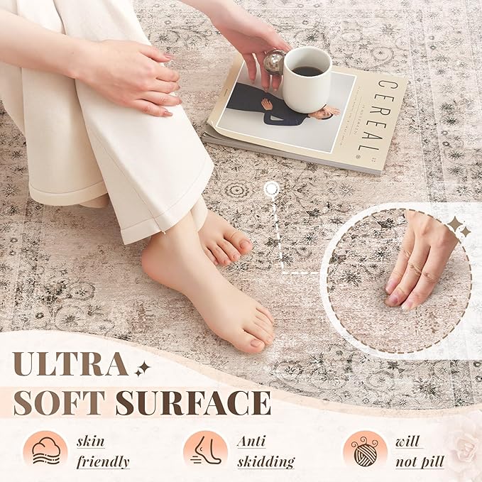 Area Rug 5x7 Vintage Rug: Washable Indoor Medallion Rugs Low Pile Distressed Floor Carpet Retro Accent Rug for Living Room Bedroom Kitchen Dining Table Home Office(Distressed Brown, 5'x7')
