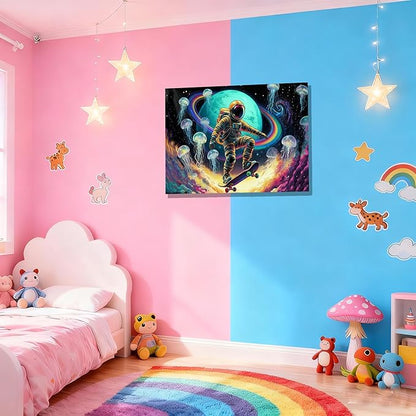 16x24 Framed Space Astronaut Skateboard Canvas Wall Art Colorful Galaxy Print with Jellyfish Rainbow Cosmic Tenn Boy Room Fantasy Decor Kids Bedroom Funny Earth Poster Child Study Room Office Picture