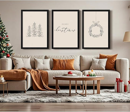 Christmas Wall Art Winter Xmas Canvas Decor Christmas Tree Picture Merry Christmas Wall Art Minimalist Vintage Painting Beige Farmhouse Prints Holiday Poster for Bathroom 12x16x3 Inch Framed