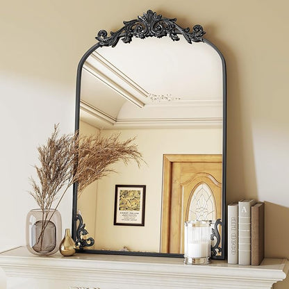 VooBang 26x38 inch Vintage Arched Bathroom Mirror - Gorgeous Wall Vanity Mirror with Beautiful Retro Top and Bottom Engraving Process Frame for Entryway Hallway Living Room, Black