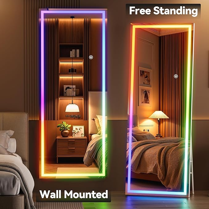 Hasipu 94"x39" LED RGB Bluetooth Home Gym Mirror Full Length with Lights, Wall Mount & Free Standing Full Body Mirror for Bedroom Workout Yoga, Detachable Stand, 7 Color & Brightness Adjustable