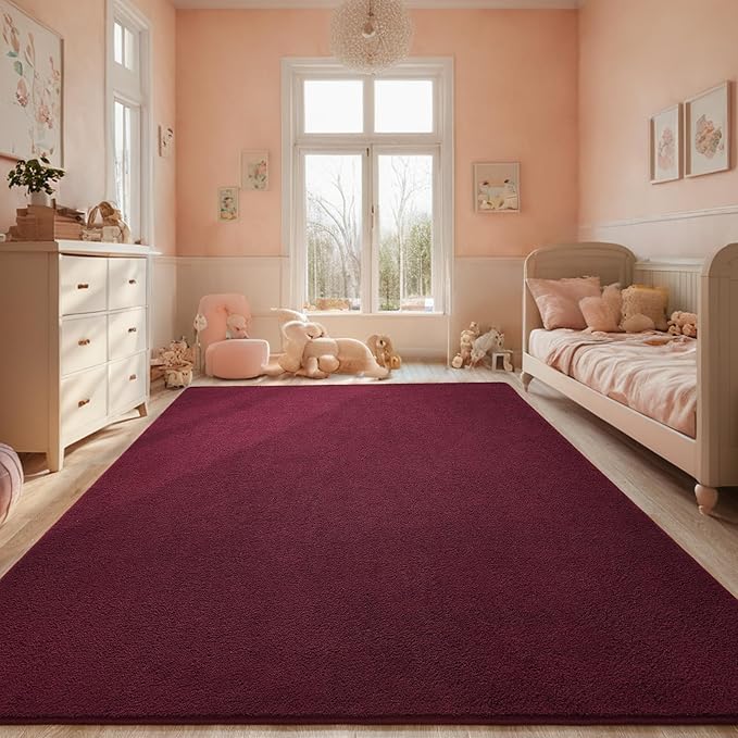Red Rugs for Bedroom Living Room, 5x7 ft Burgundy Area Rug, Washable Memory Foam Indoor Carpet, Modern Aesthetic Minimalist Non-Slip Carpets for Boys Girls Adults Home Decor