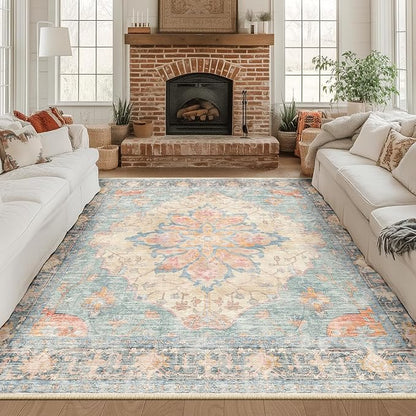 RELEANY Area Rugs Square 8ft Washable Non-Slip, Floral Vintage Distress Print Pattern Medallion Carpet for Living Room Bedroom Dining Room, Blue Orange Red