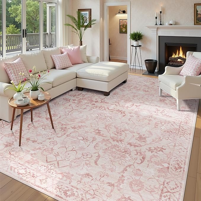 Pink Area Rugs 5x8 for Living Room, Washable Vintage Rugs for Bedroom, Light Pink Throw, Non Slip Carpet for Bedroom Dining Nursery