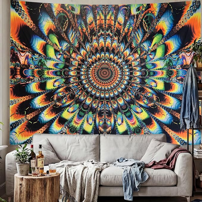 PRRPRR Blacklight Mandala Tapestry for Bedroom, UV Reactive Trippy Wall Tapestry, Bohemian Aesthetic Wall Art Decor for Adults Teens (Mandala Orange, 78"x59")