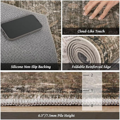 Washable 6x9 Area Rugs for Living Room, Boho Non-Slip Vintage Distress Large Rugs for Bedroom Dining Room Nursery Office, 0.3" Neutral Oriental Throw Thin Carpet, Rust/Multi, D2