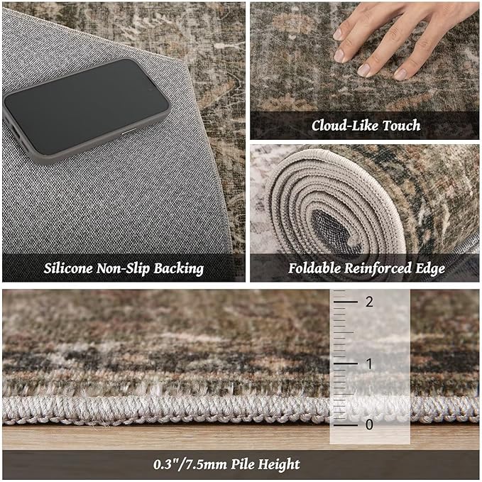 Washable 4x6 Rugs for Living Room, Boho Non-Slip Vintage Distress Small Rugs for Bedroom Nursery Office, 0.3" Neutral Oriental Throw Thin Carpet with Cushioning Pad, Rust/Multi, D2